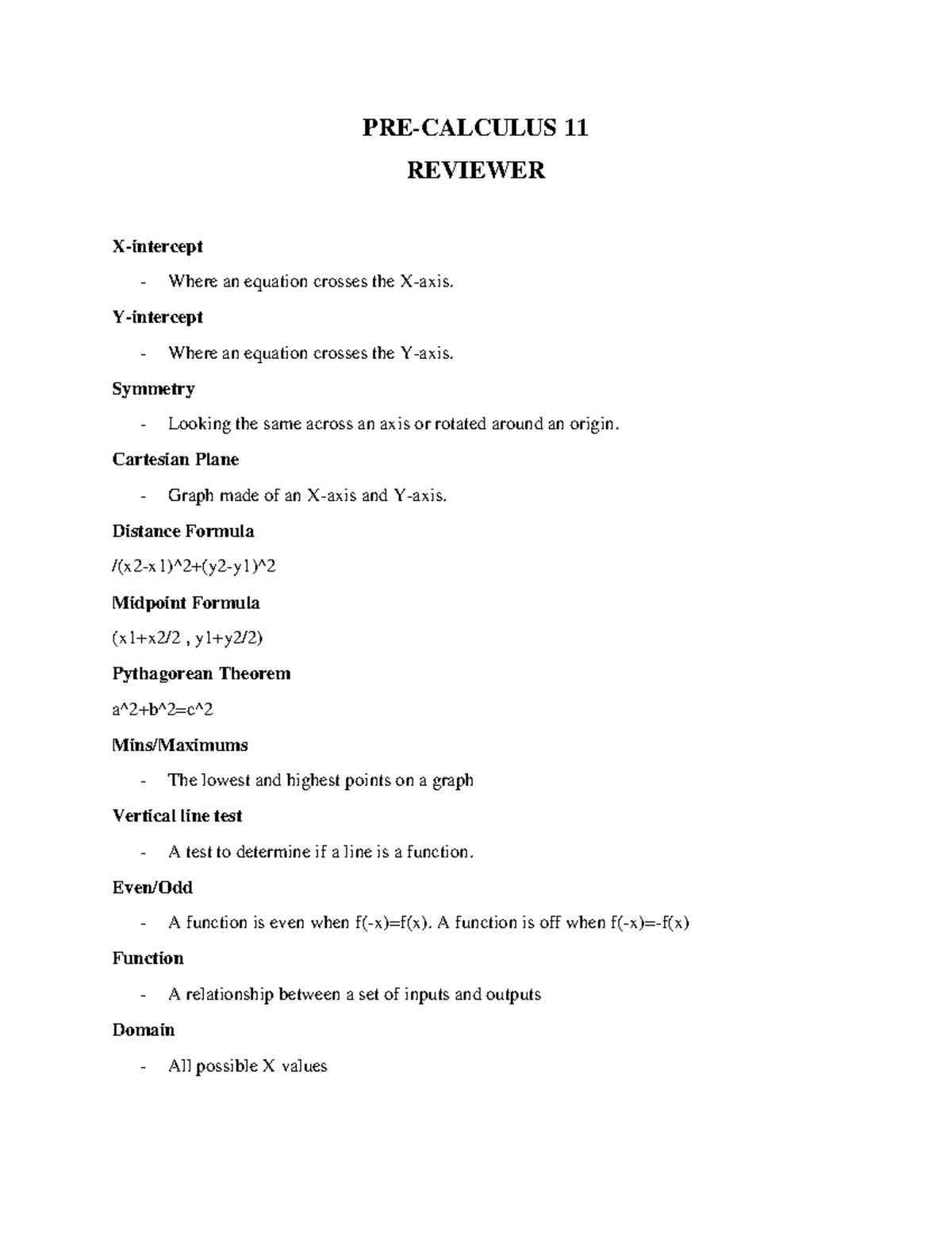 MATH 11 REVIEWER: Key Concepts in Functions and Graphs - Studocu