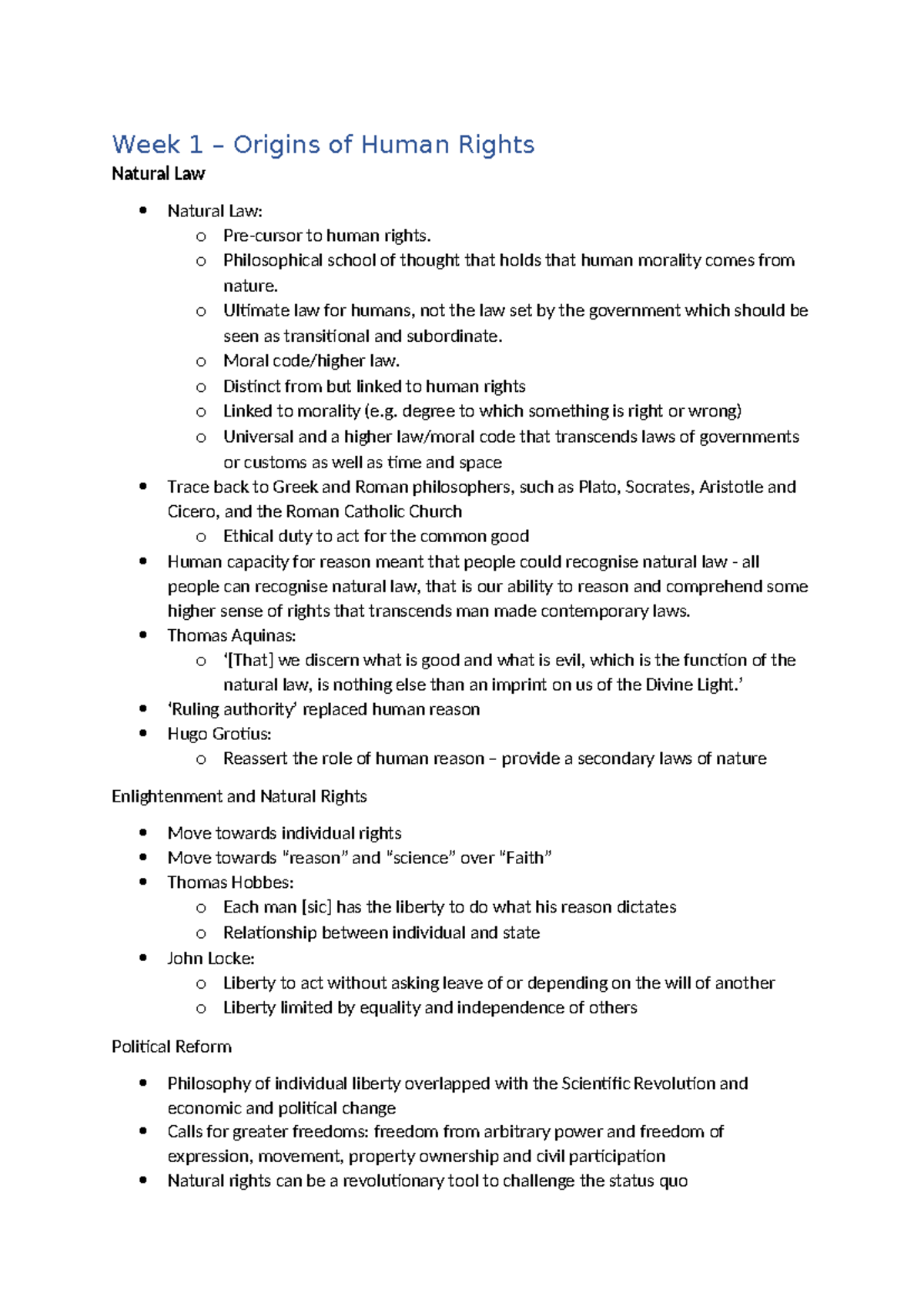 Human Rights Law Notes - Week 1 & 2 Overview for Course Code HRL101 ...
