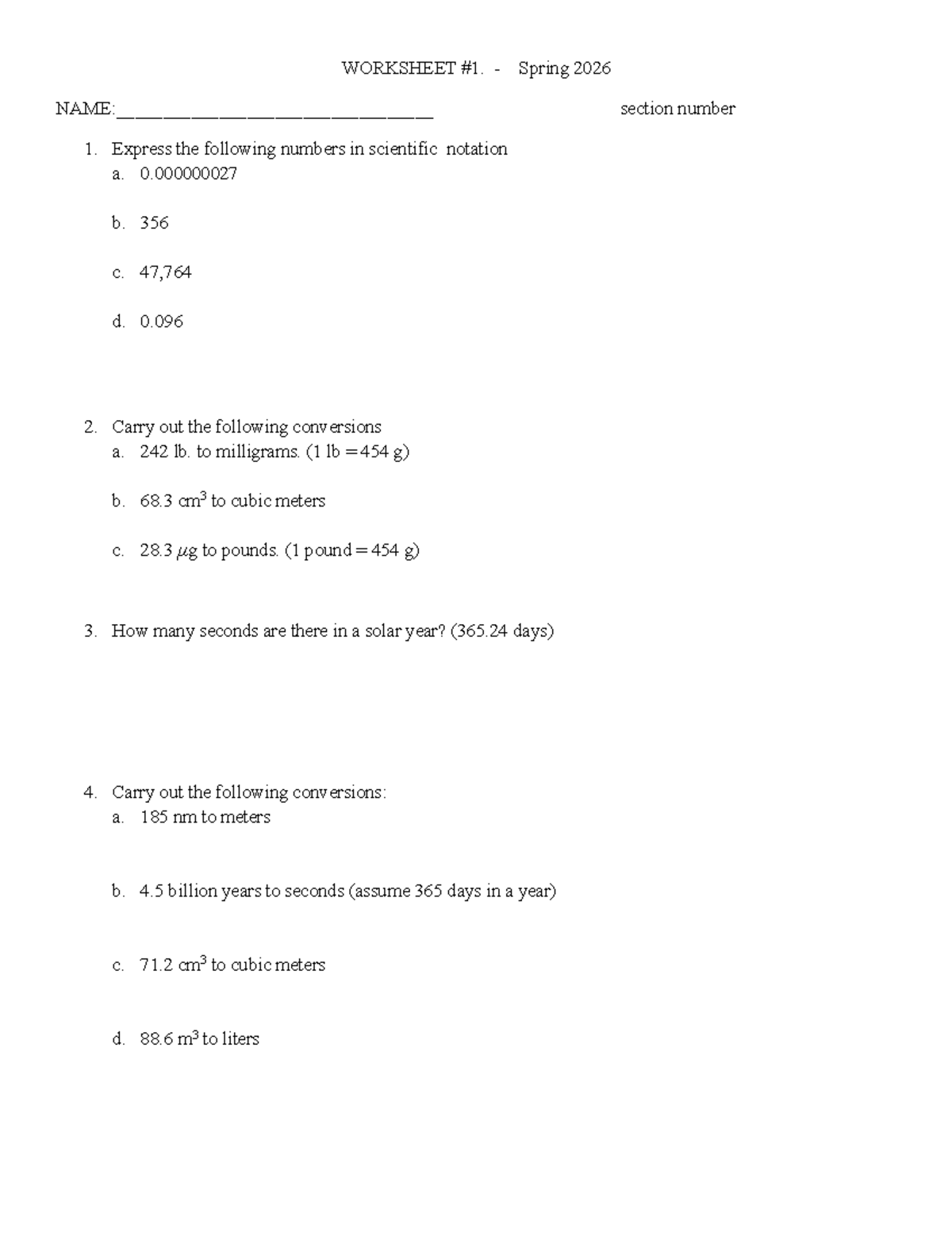Worksheet Ch1 - Spring 2026 Scientific Notation & Conversions - Studocu