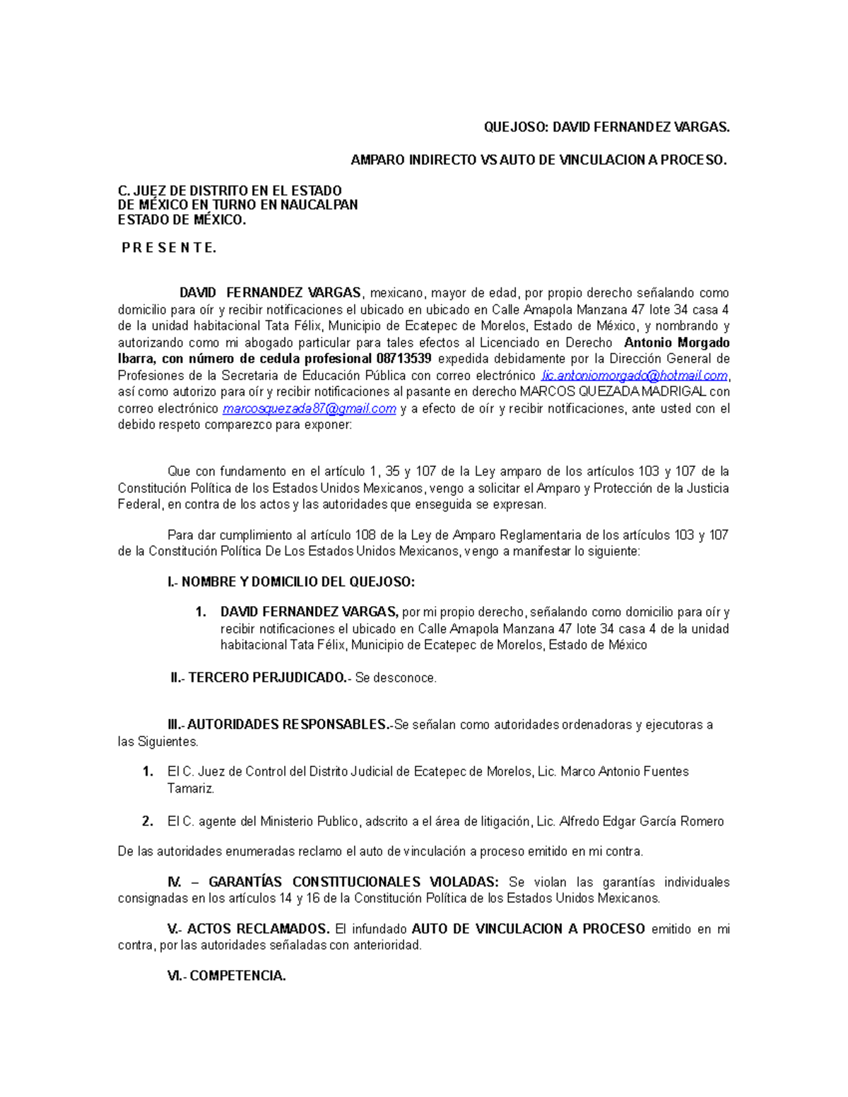 Amparo Indirecto contra AUTO de Vinculación a Proceso en Ecatepec - Document Preview
