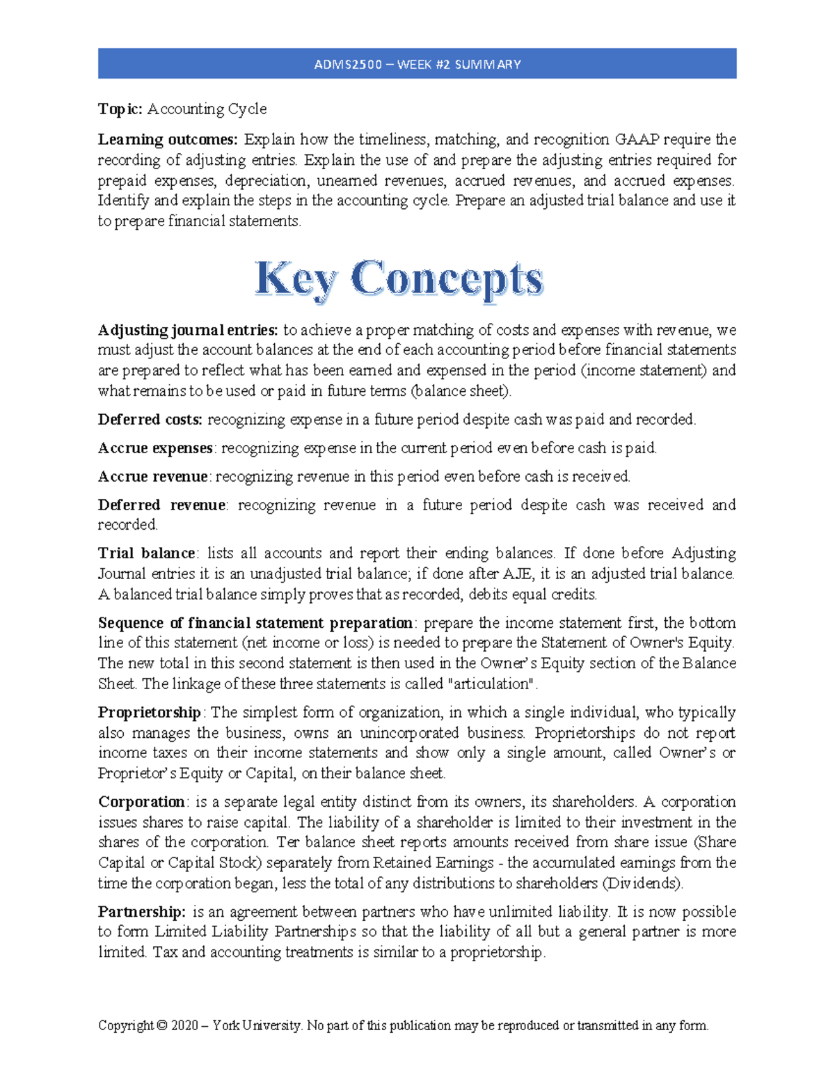 ADMS2500 WEEK 2 SUMMARY: Understanding the Accounting Cycle and ...
