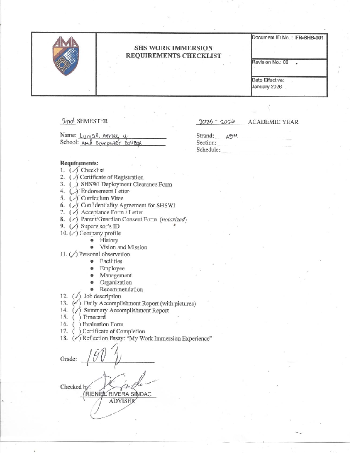 SHS Work Immersion Requirements Checklist for ABM Students - Studocu