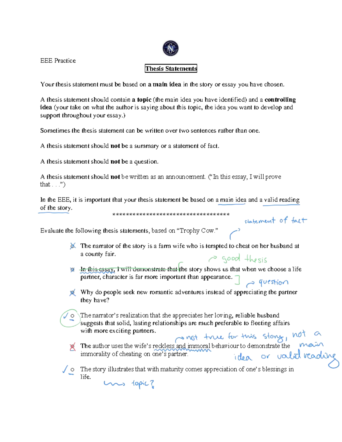 Thesis Statement Practice for Essay Writing - Studocu