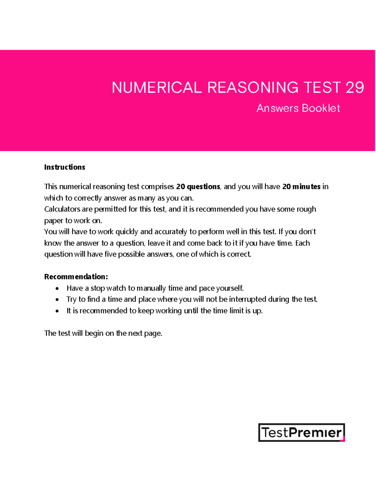 Numerical Reasoning TEST 29 Answer Key and Solutions - Studocu