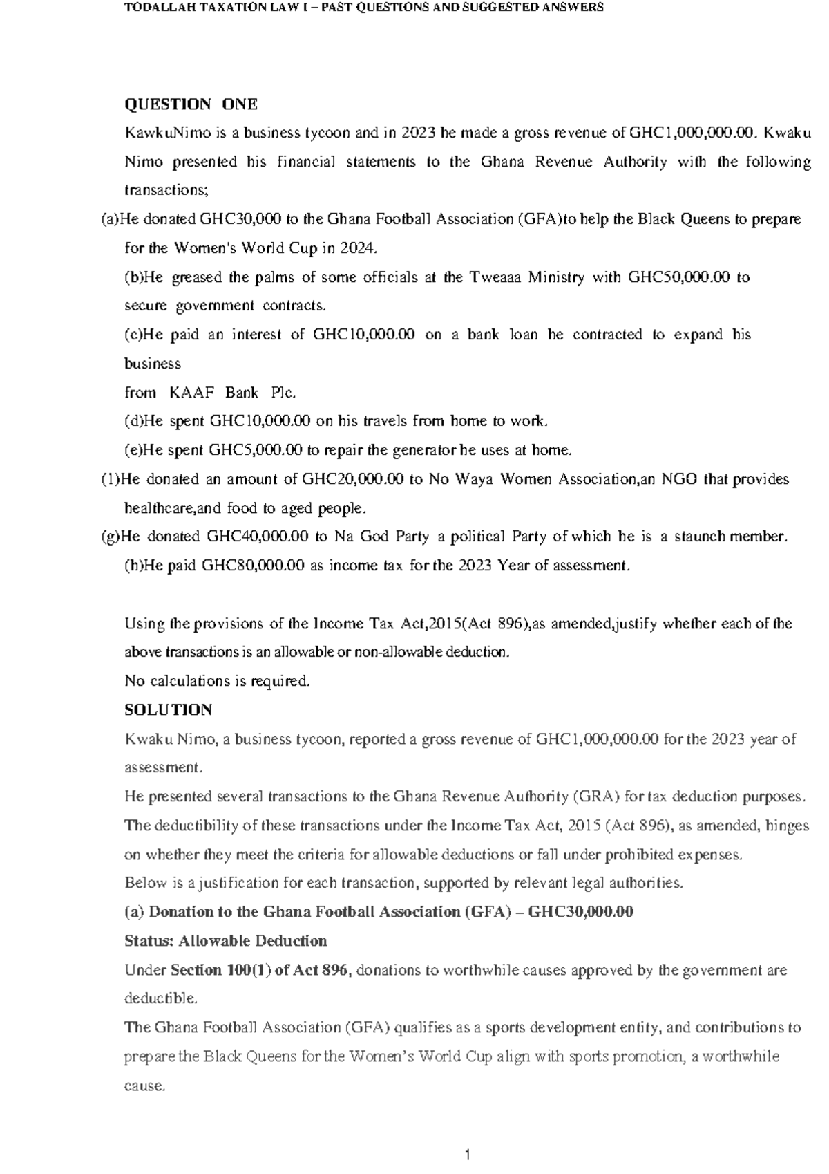 TODALLAH TAXATION LAW I PAST QUESTIONS & ANSWERS - Studocu