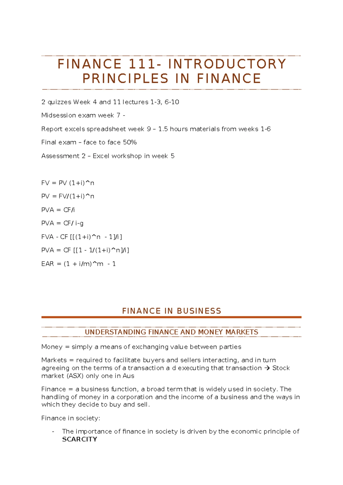 FIN111-Final Exam Formula Sheet for Autumn 2024 - Studocu