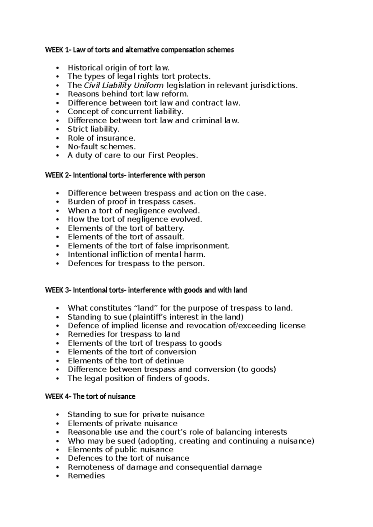 Tort Law (LAW123) Exam Notes: Key Concepts and Defenses - Studocu