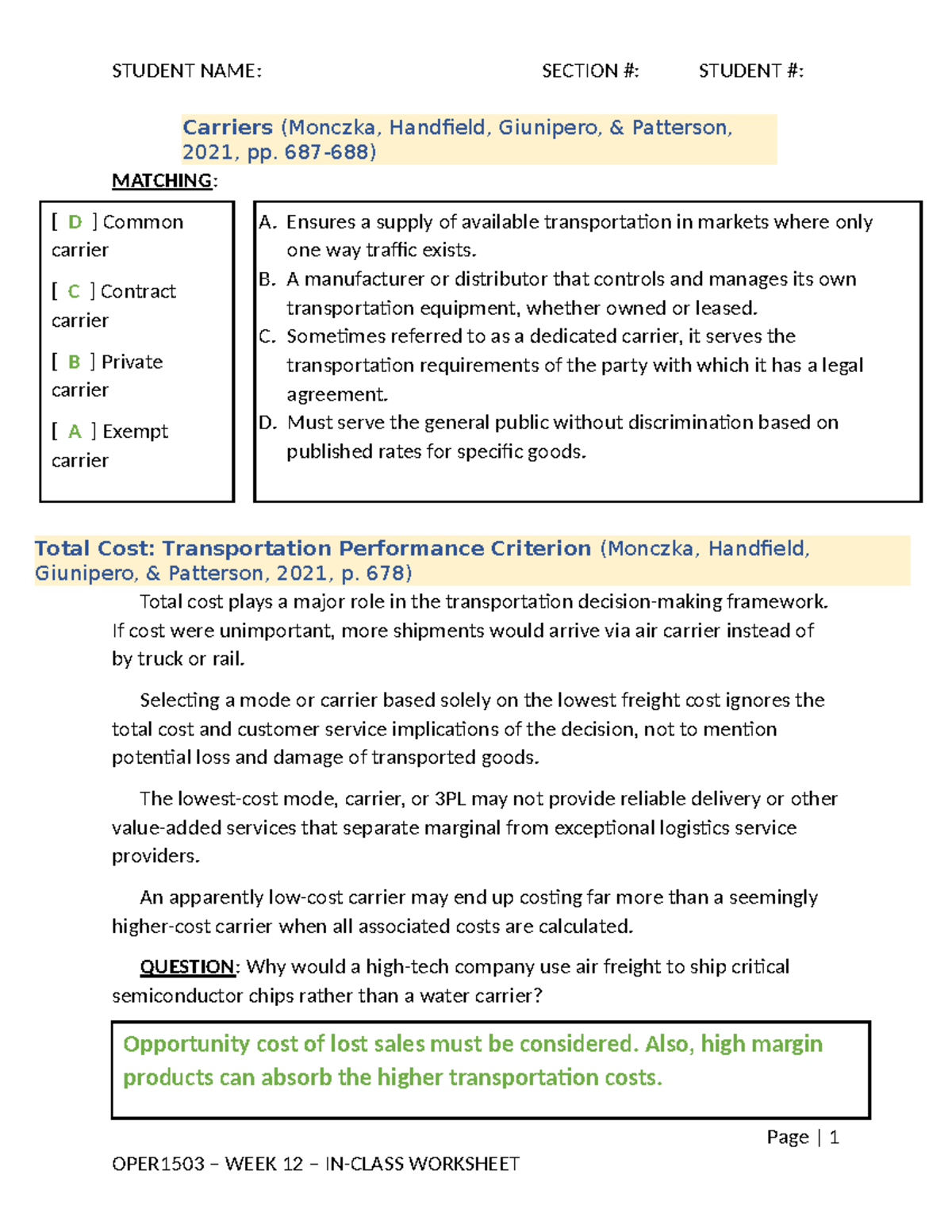 OPER1503 - Week 12 Transportation Modes and Logistics Management ...