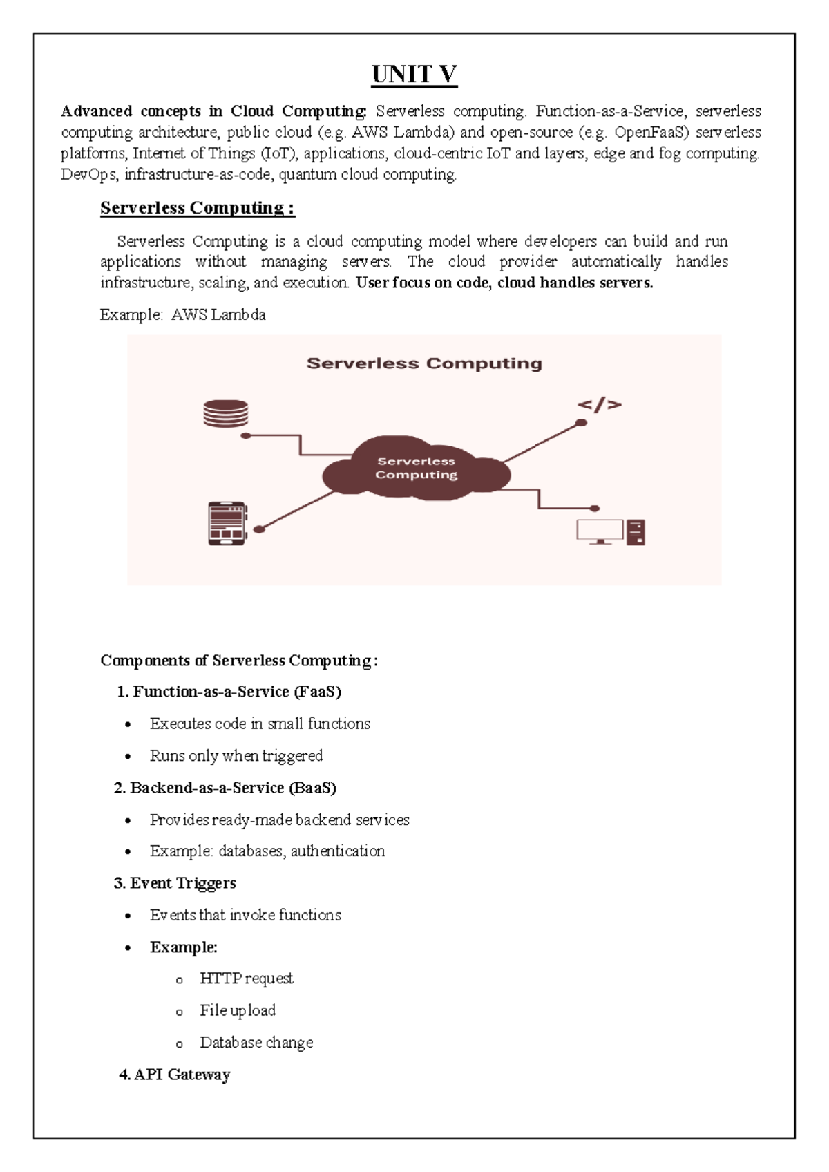 Ccunit 5 - Advanced Concepts in Cloud Computing: Serverless & IoT - Studocu