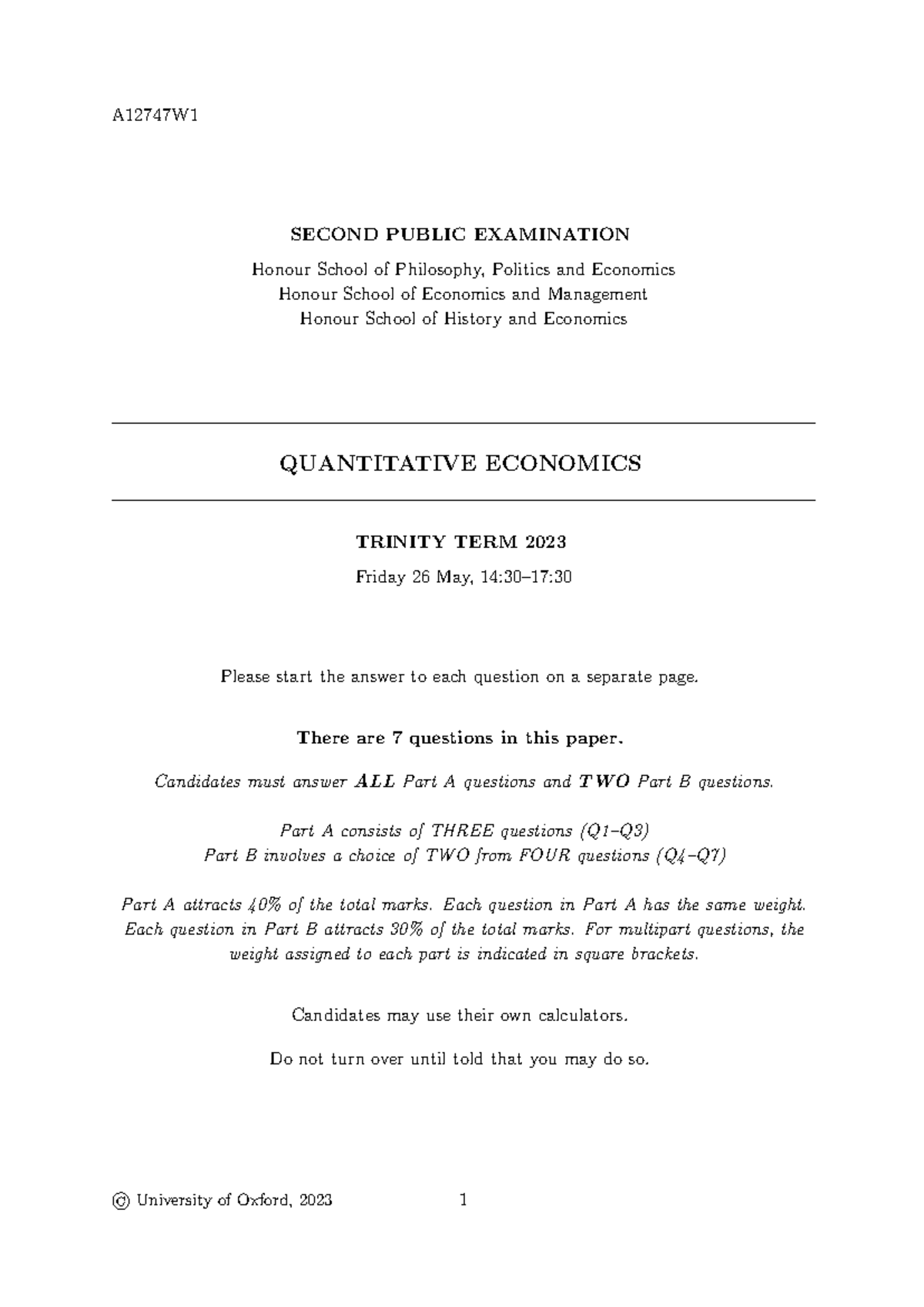 A12747W1 Quantitative Economics Final Exam - Trinity Term 2023 - Studocu