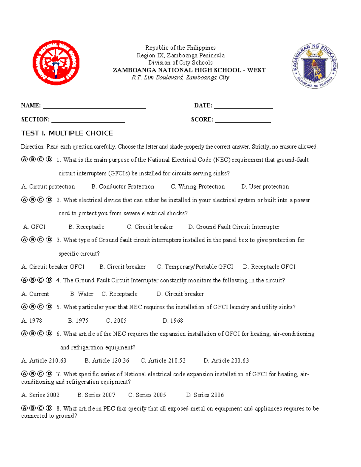 Grade 10-TOS Summative Assessment: Electrical Safety & GFCI Knowledge ...
