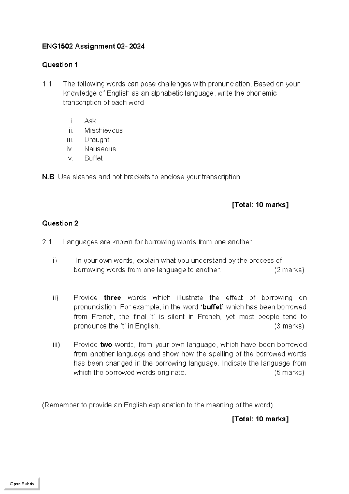 ENG1502 Assignment 02 - Based on your knowledge of English as an ...