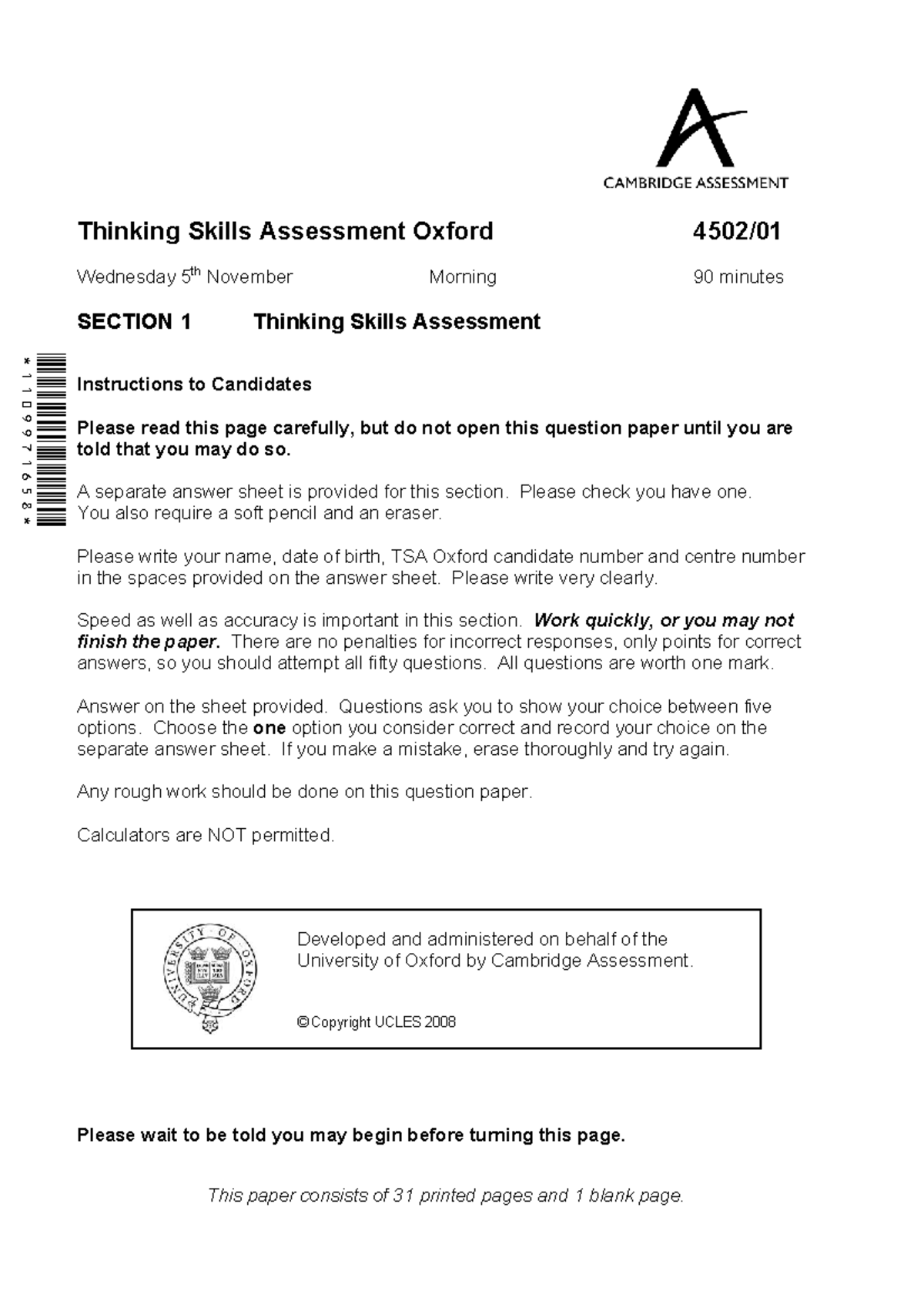 TSA Oxford Thinking Skills Assessment Instructions & Sample Questions ...