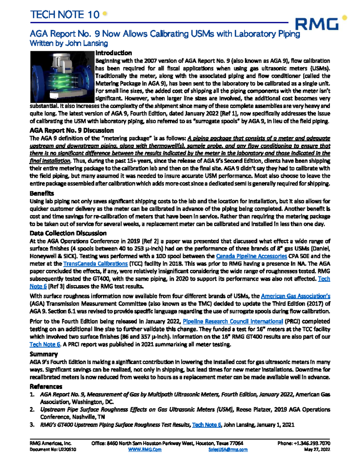 RMG Tech Note 10: AGA Report No. 9 on USM Calibration with Lab Piping ...