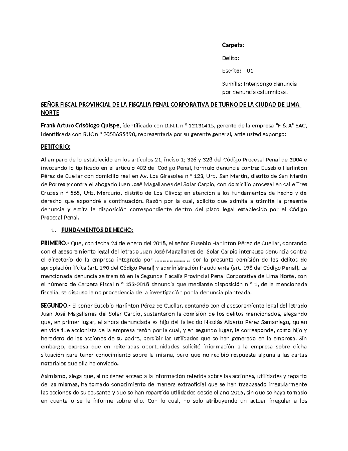 Denuncia Calumniosa: Análisis Legal y Fundamentos del Caso - Document Preview