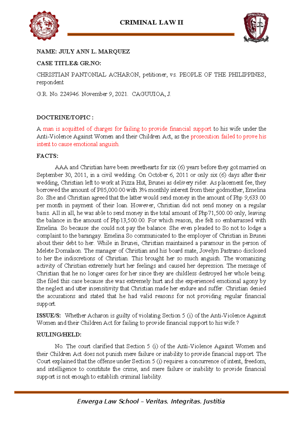 7. Acharon v People - law - CRIMINAL LAW II NAME: JULY ANN L. MARQUEZ ...