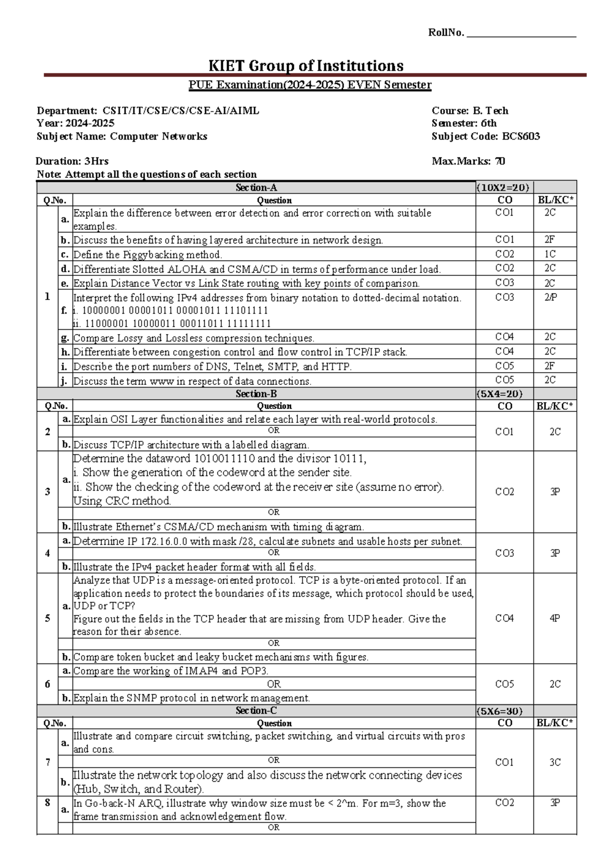 BCS 603 PUE Even Sem 2024-25 Computer Networks Question Paper - Studocu