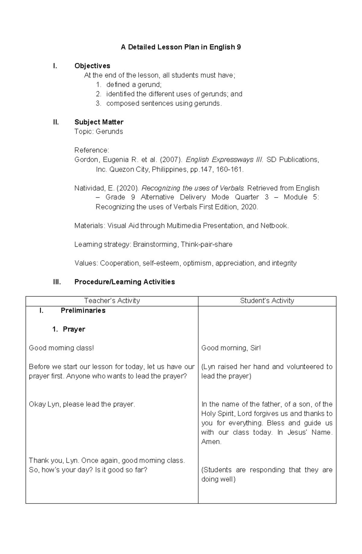 Final Lesson Plan: Understanding Gerunds in English 9 - Studocu
