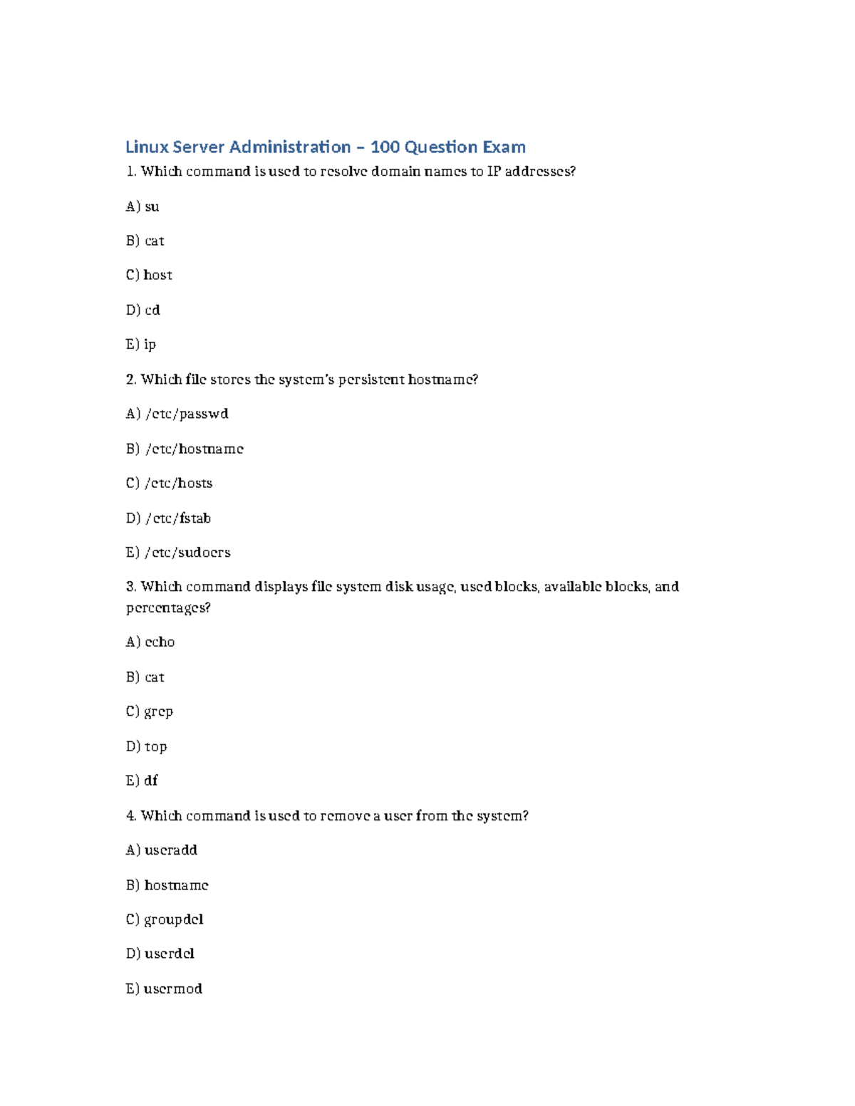 Linux Server Administration Exam: 100 Questions (Midterm) - Studocu