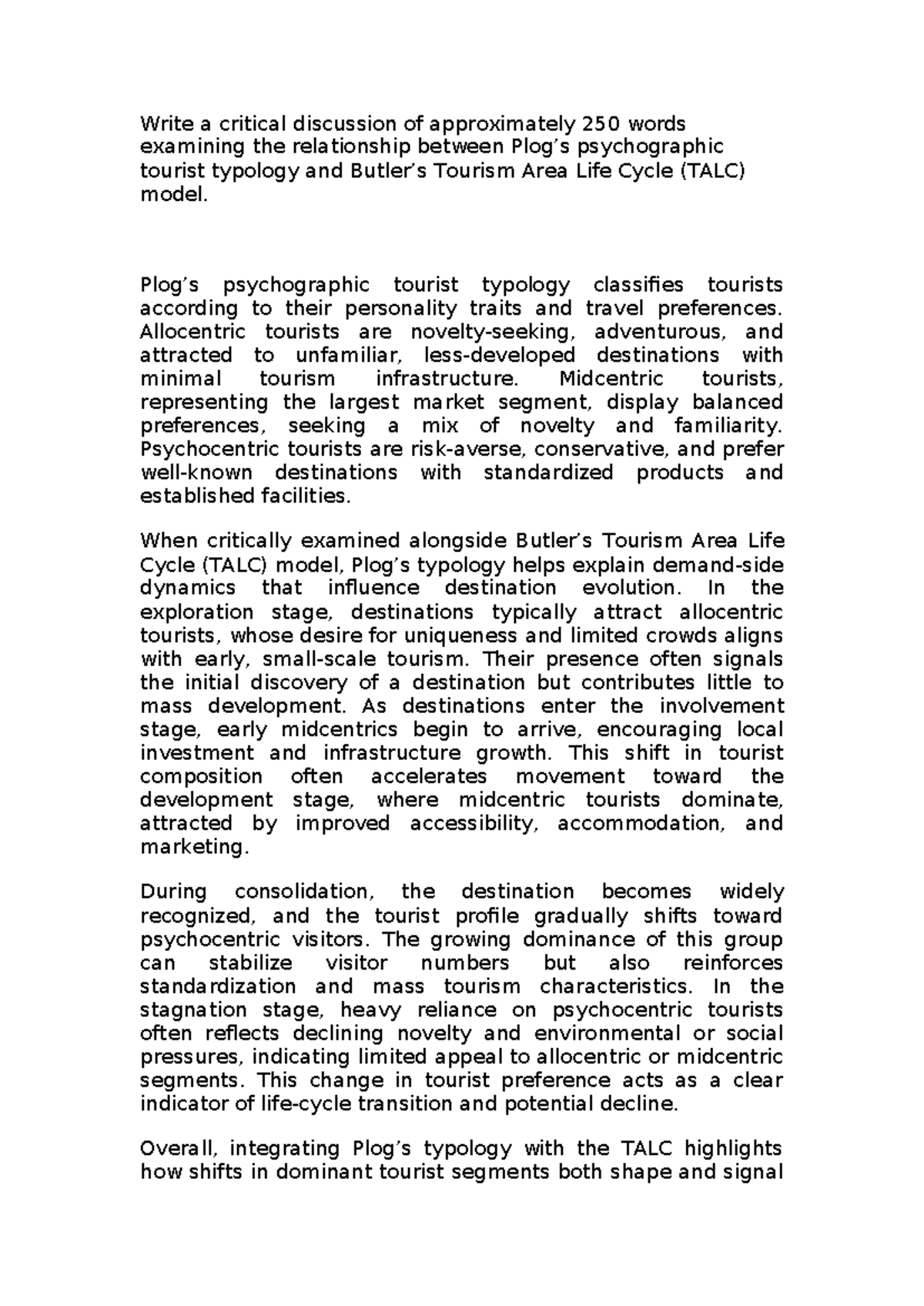 Critical Analysis of Psychographic Tourist Typology & TALC Model - Studocu