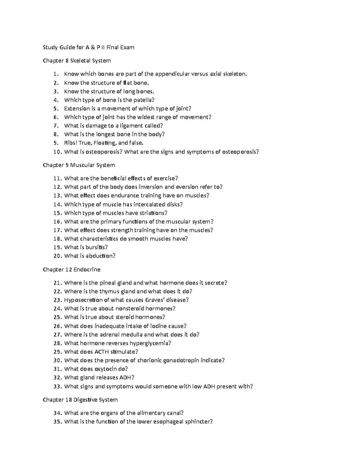 Study Guide for AP Final - Study Guide for A & P II Final Exam Chapter ...