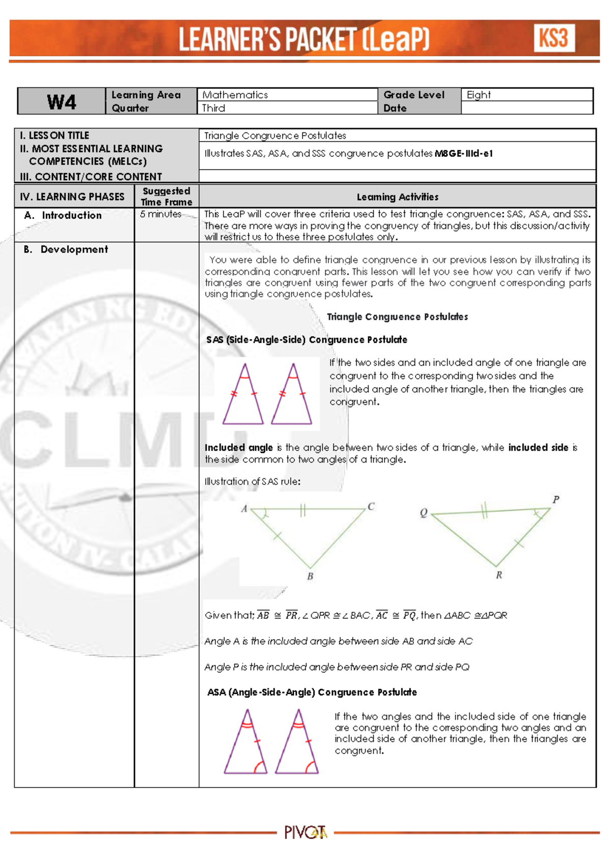 Triangle Congruence Postulates in Math G8 Lesson Plan Week 4 - Studocu