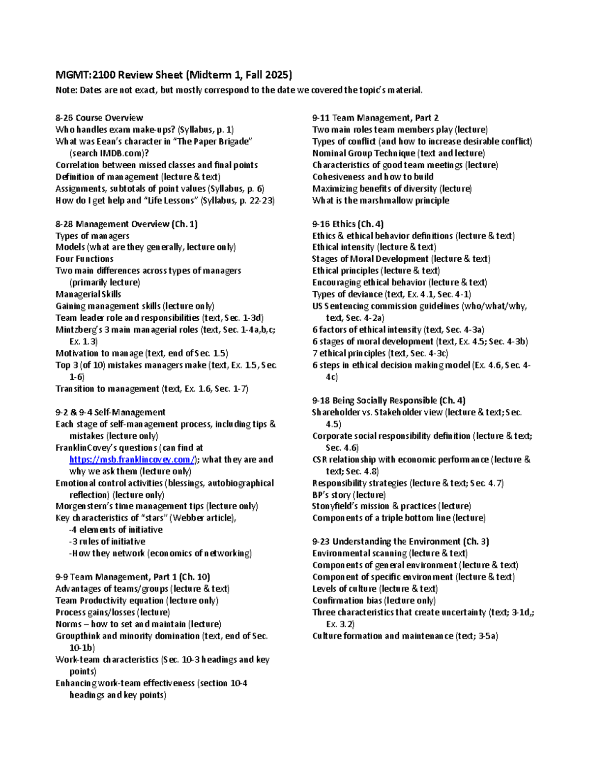 MGMT:2100 Midterm 1 Review Sheet - Key Topics and Insights - Studocu