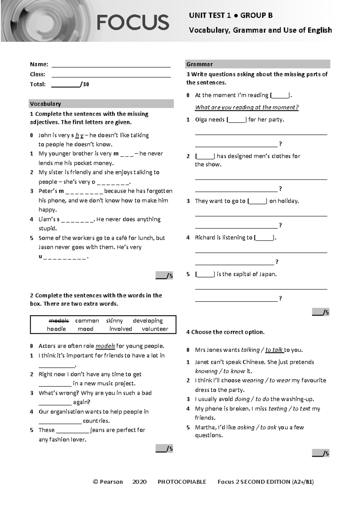 Focus 2 2E Unit Test 1 Vocabulary & Grammar Group B Review - Studocu