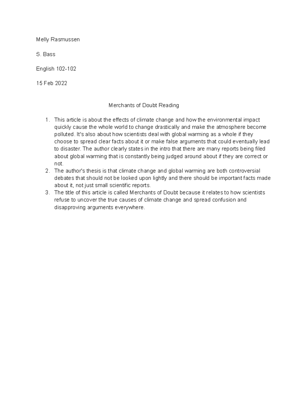 Eng 102 Merchants of Doubt Summary & Discussion Questions Studocu