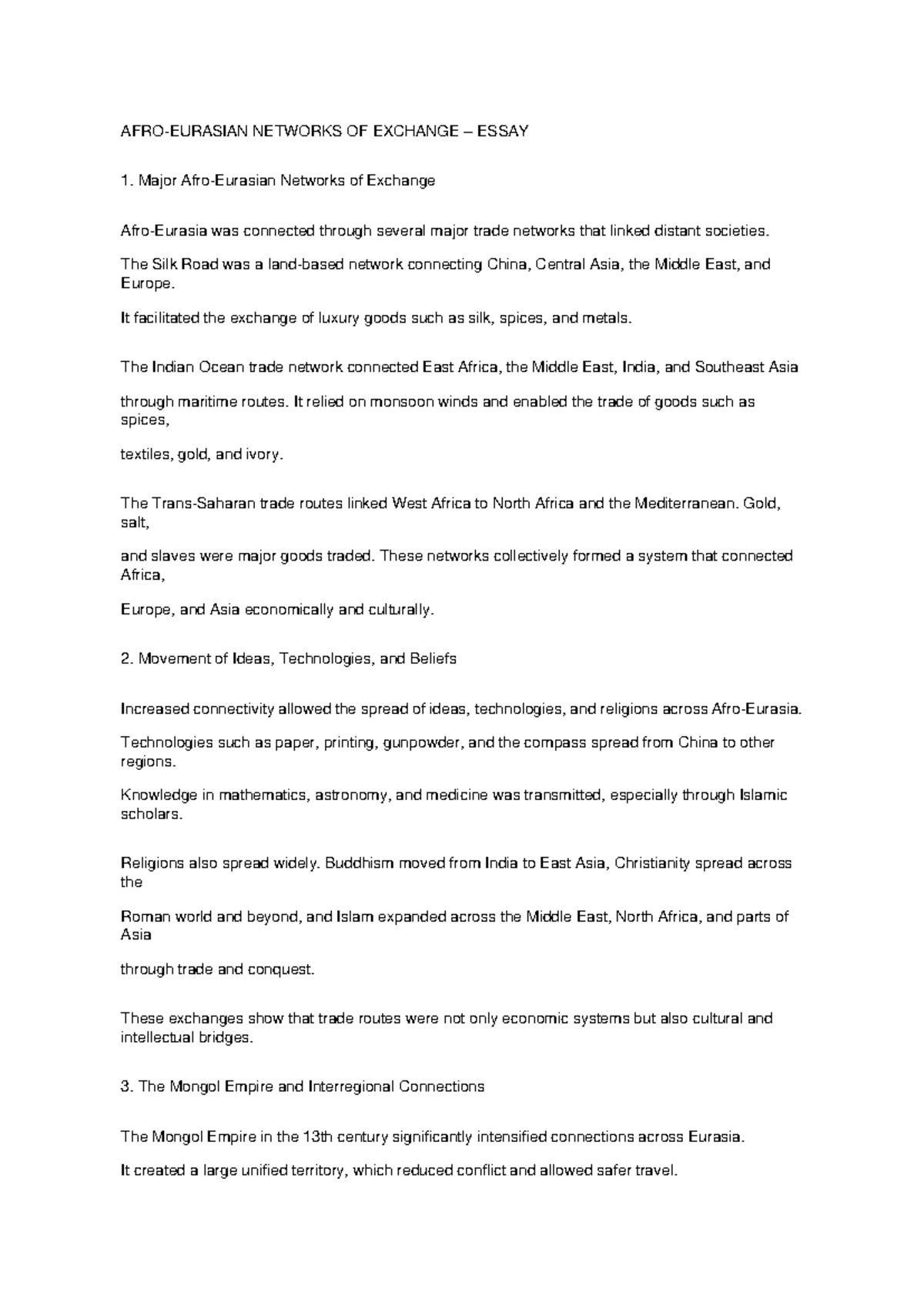 AFRO EURASIAN NETWORKS ESSAY: TRADE AND CULTURAL EXCHANGE - Studocu