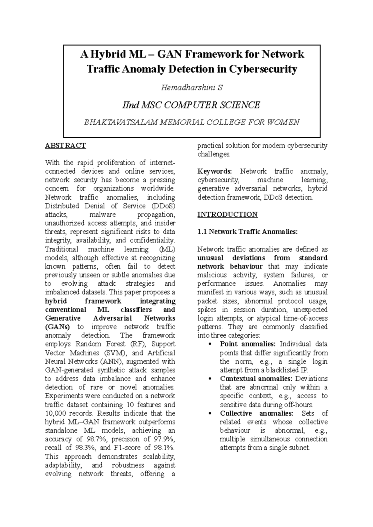 Hybrid ML GAN Framework for Network Traffic Anomaly Detection - MSC CS ...