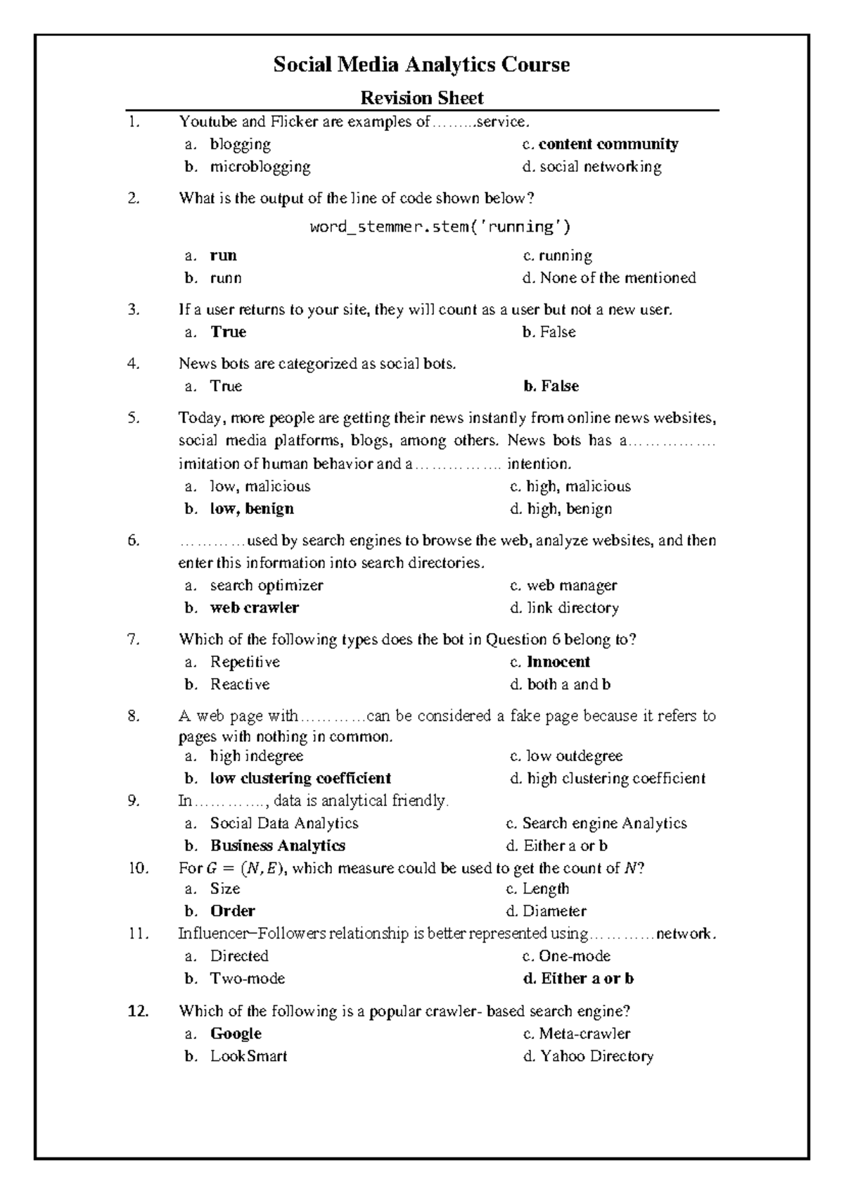 Social Media Analytics - Course Revision Sheet 1 (Final Exam) - Studocu