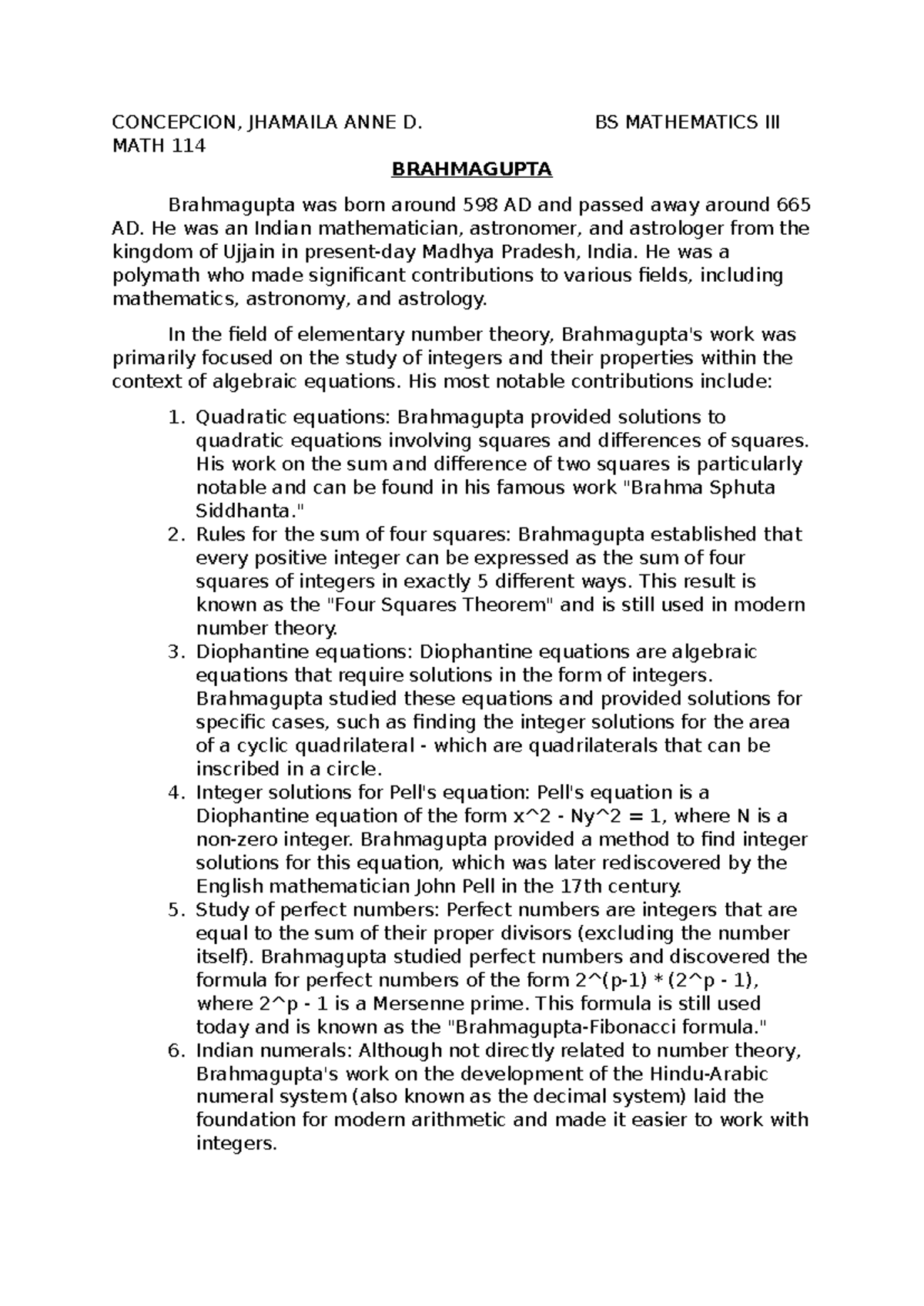 Brahmagupta's Contributions to Math - MATH 114 Review Notes - Studocu