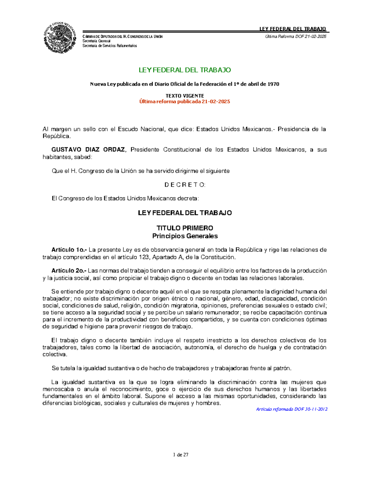 Ley Federal del Trabajo: Texto Vigente y Últimas Reformas - Studocu
