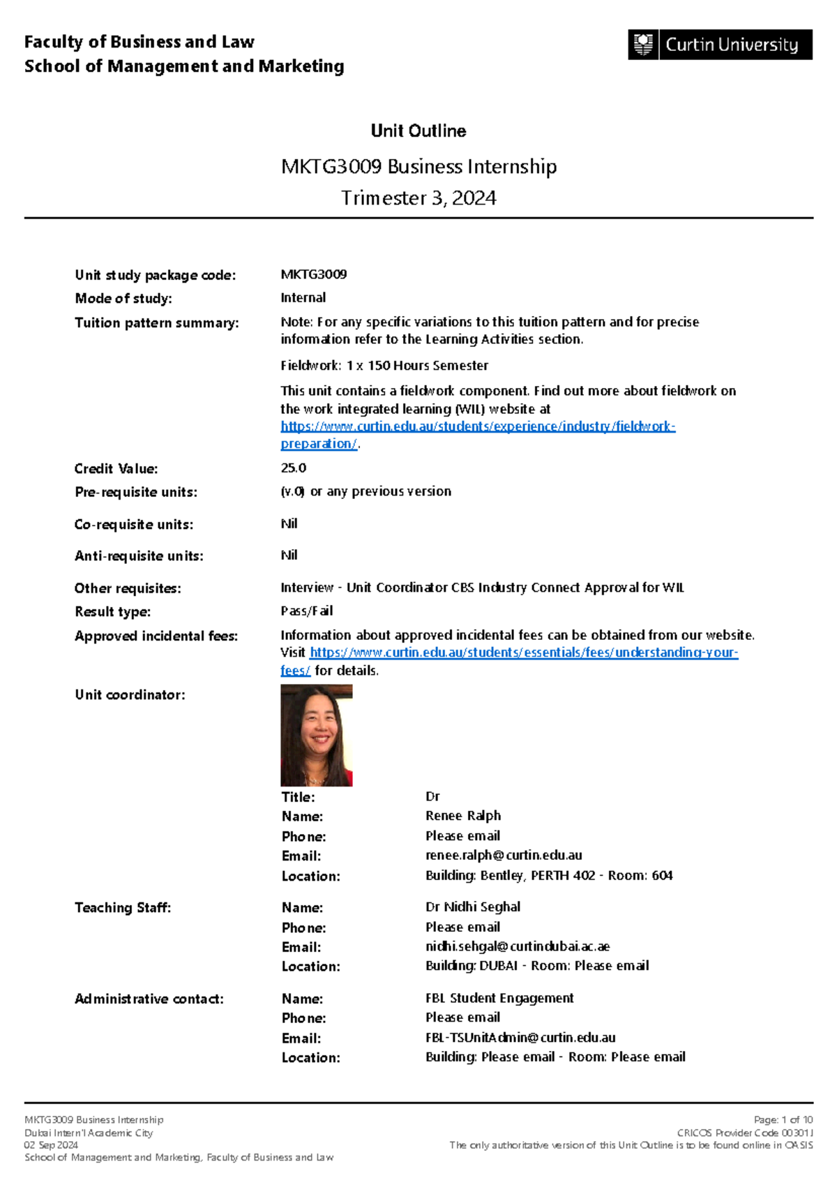 MKTG3009 Business Internship Unit Outline for Trimester 3, 2024 in ...
