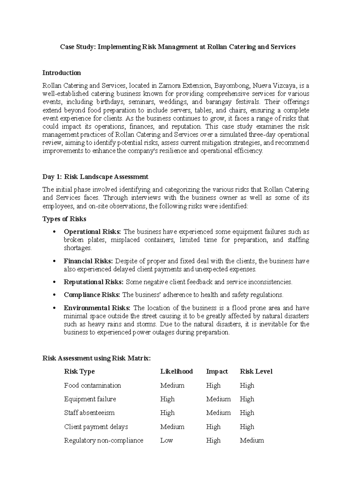 Case Study: Risk Management Strategies for Rollan Catering Services ...