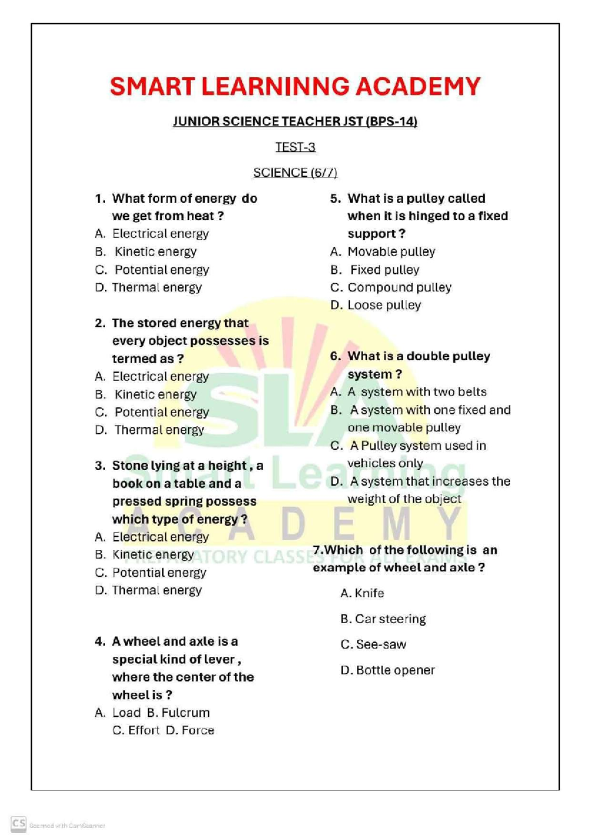 SMART LEARNING ACADEMY JST MOCK TEST 3: SCIENCE PREPARATORY EXAMS - Studocu