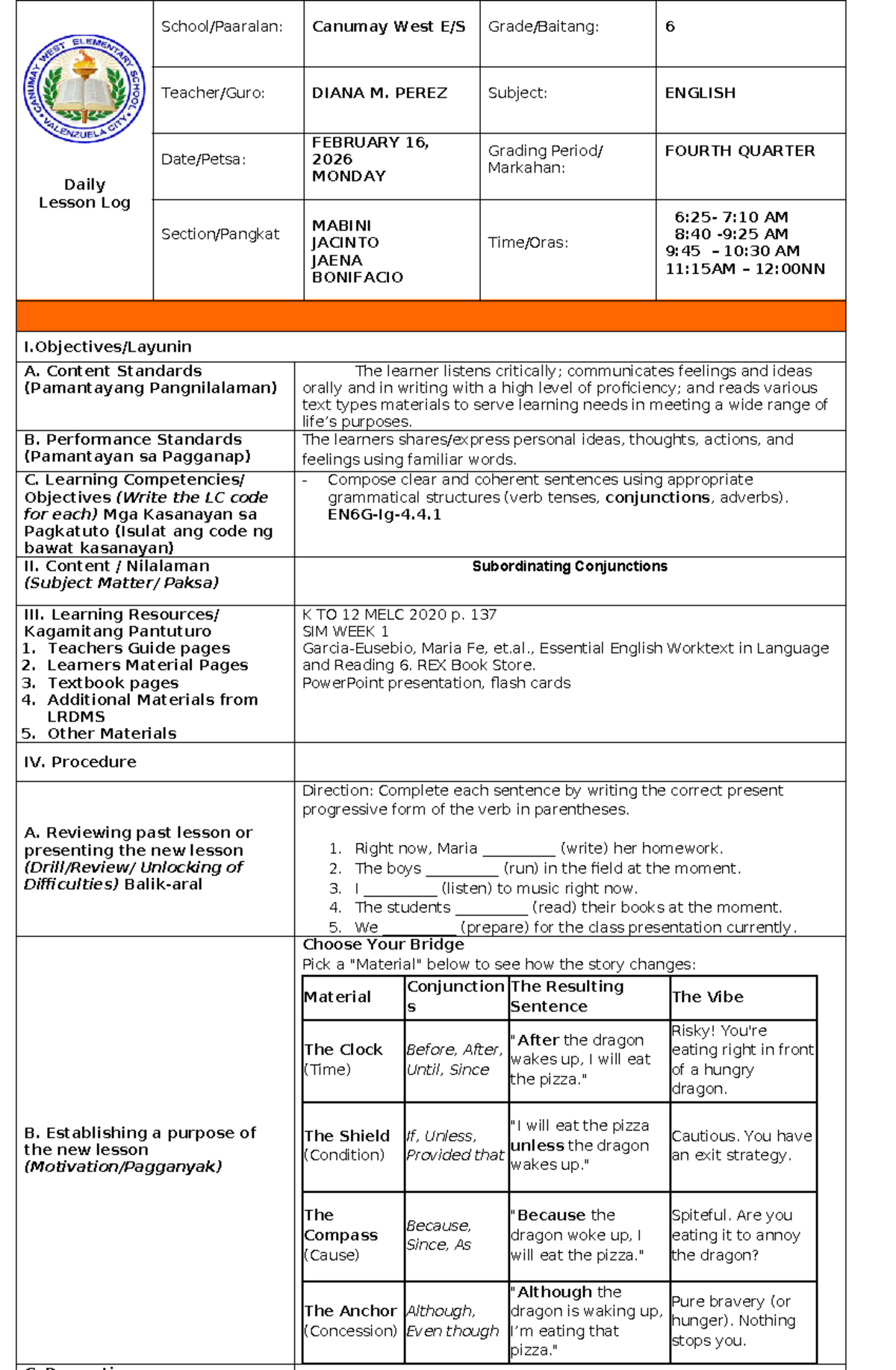 English 6 Quarter 4 DLL: Subordinating Conjunctions - Feb 16, 2026 ...