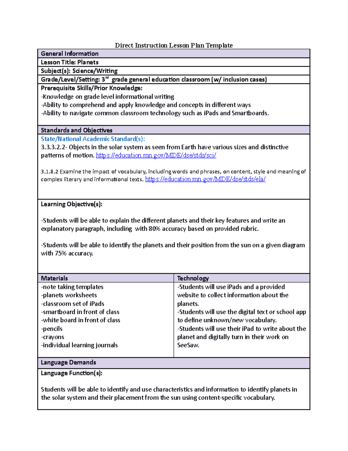 D010 Task 1 - Interdisciplinary lesson plan: science (solar system) and ...