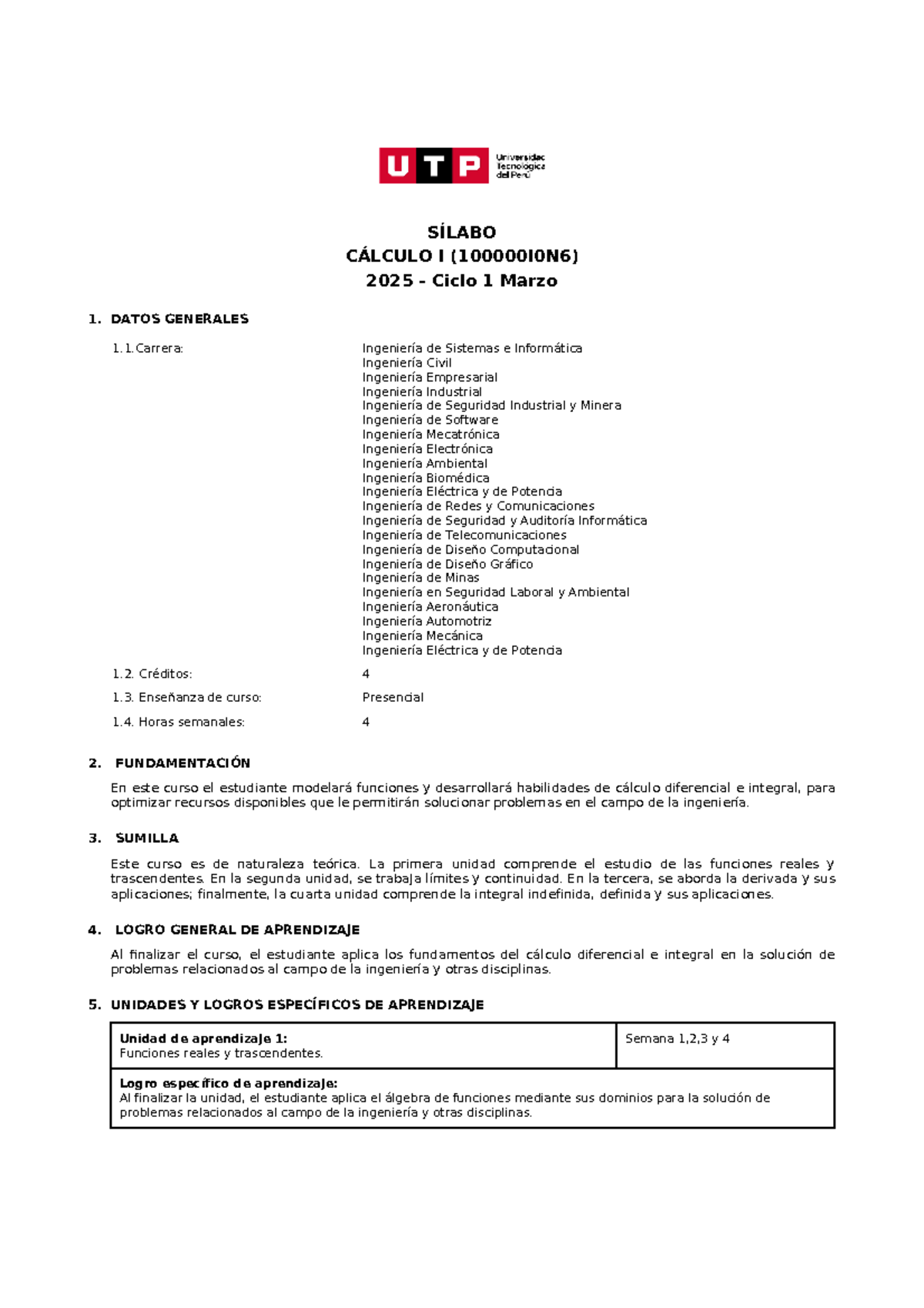 Cálculo I (100000I0N6): Sílabo y Detalles del Curso 2025 - Document Preview