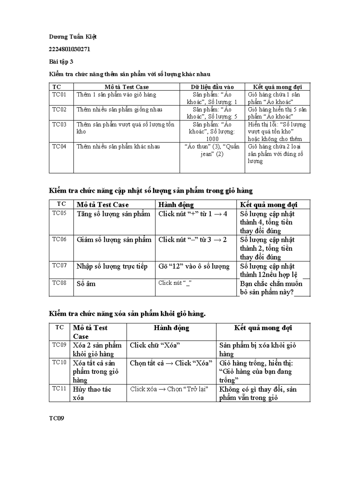Bài tập 3 TC TC01-TC11: Kiểm tra chức năng giỏ hàng sản phẩm - Studocu
