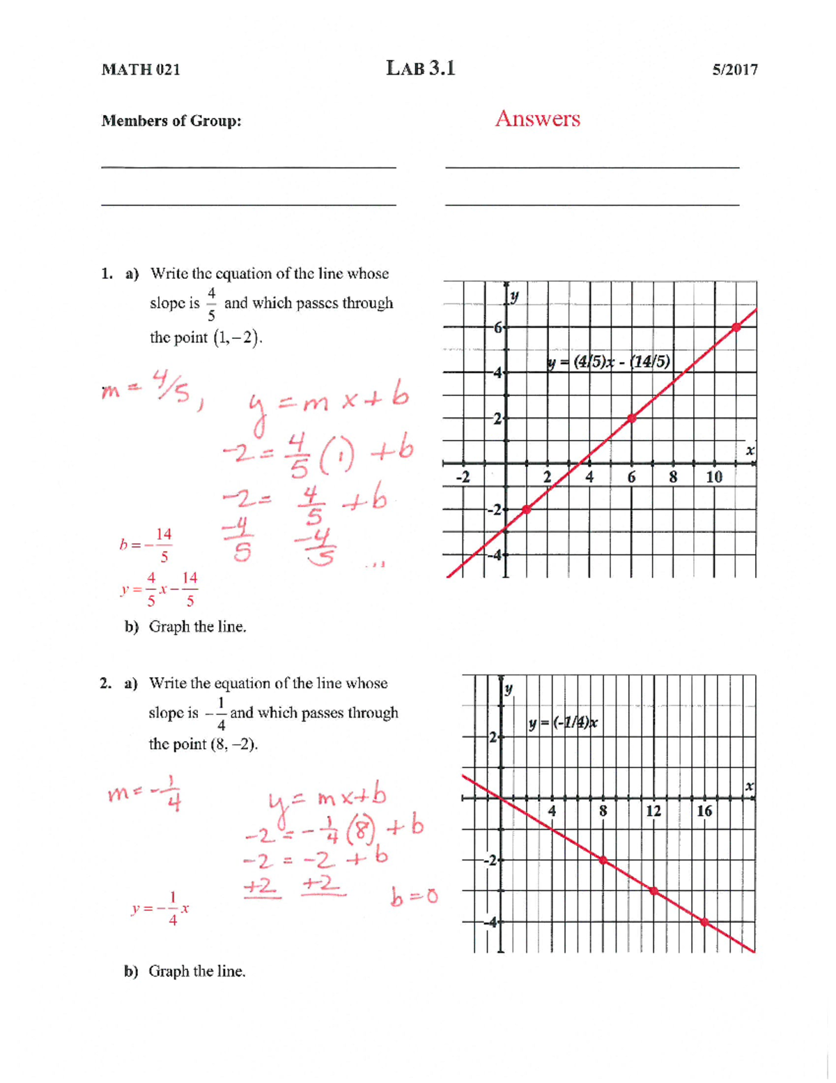 MATH 021 LAB 3 Answer Key: Line Equations and Graphing Techniques - Studocu