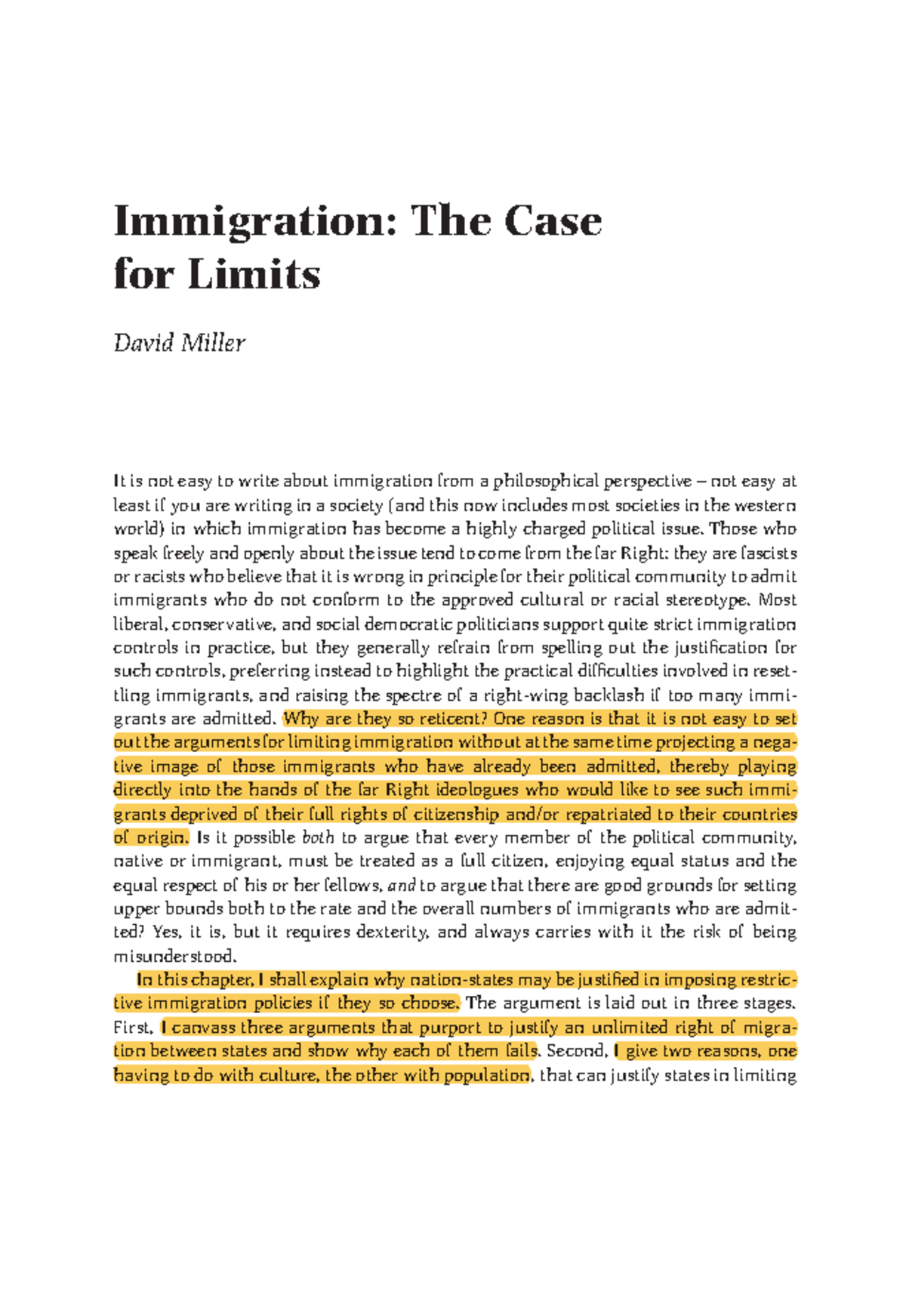 David Miller - Immigration: The Case for Limits Explained - Studocu