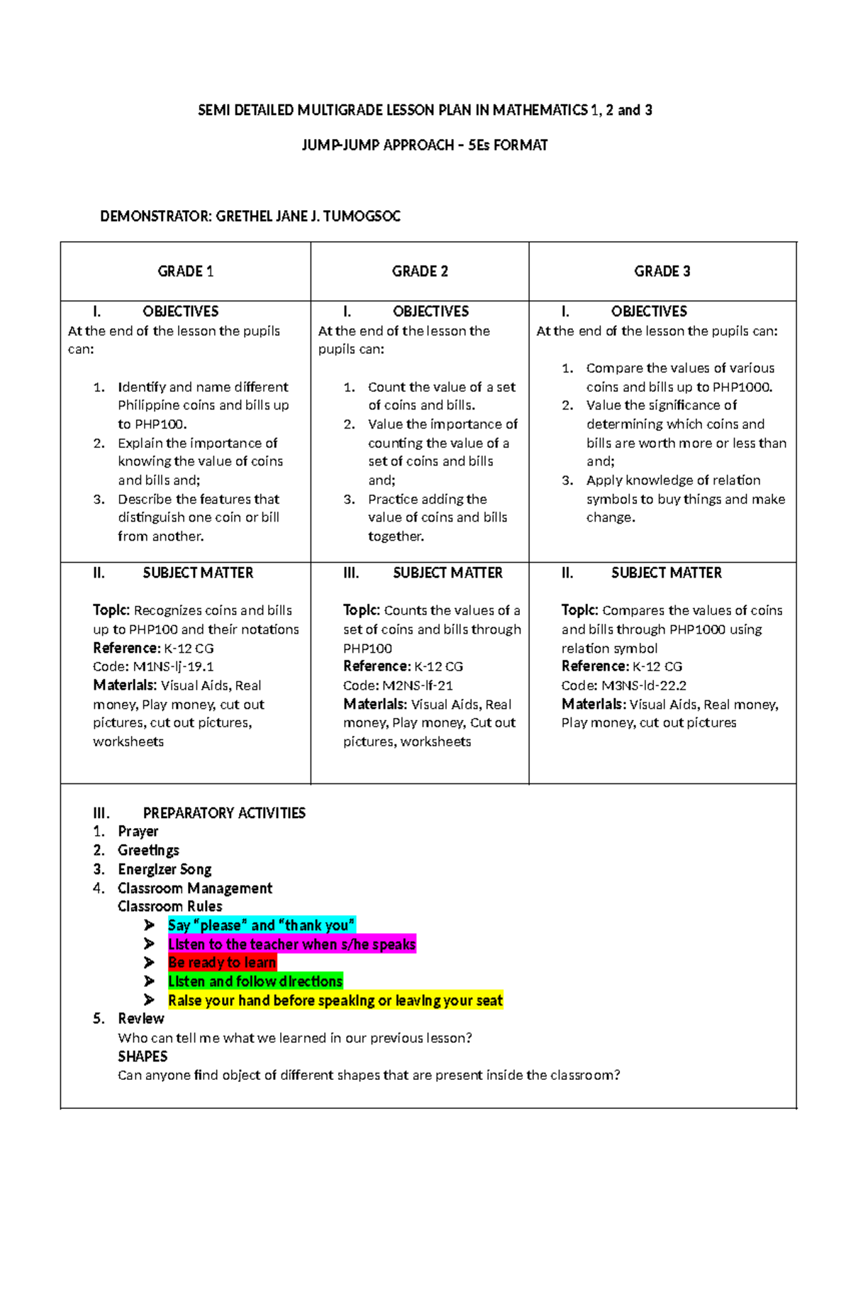 SEMI DETAILED MULTIGRADE MATH LESSON PLAN (GRADE 1-3) 5Es FORMAT - Studocu