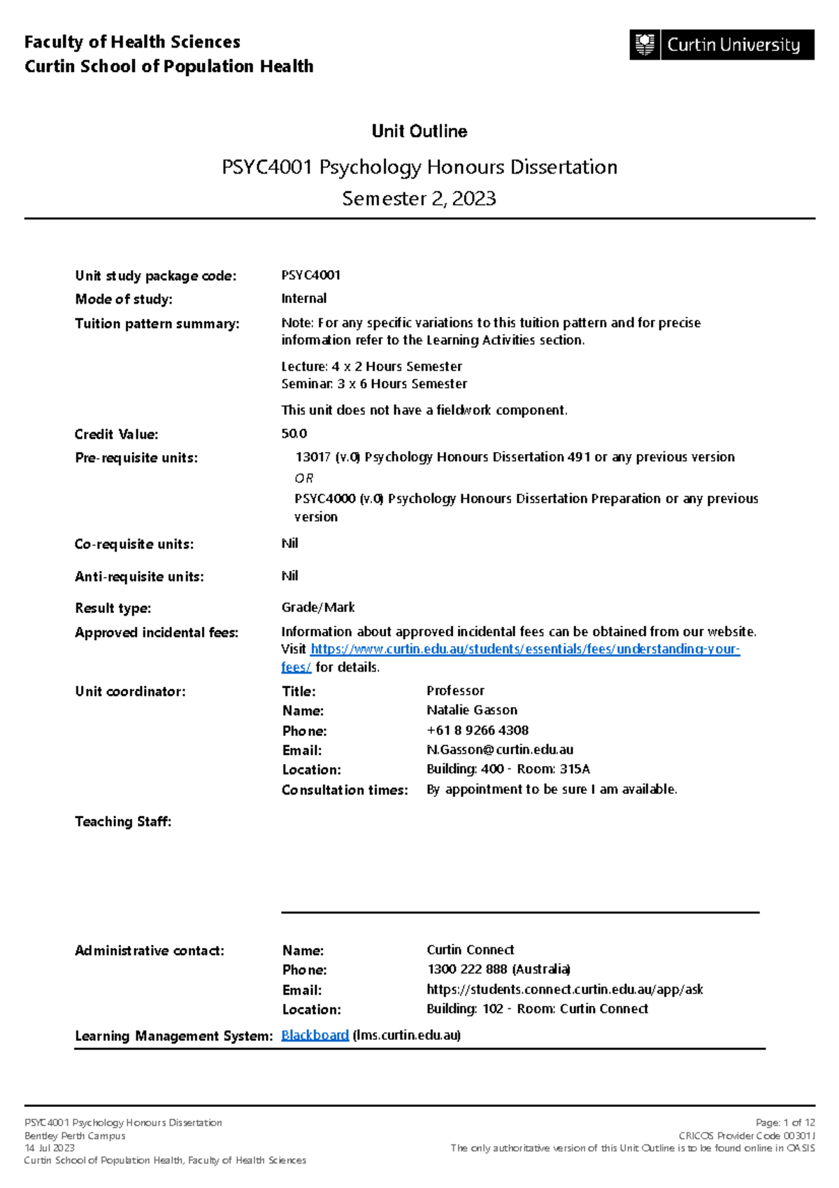 PSYC4001 Psychology Honours Dissertation Semester 2 2023 Bentley Perth ...