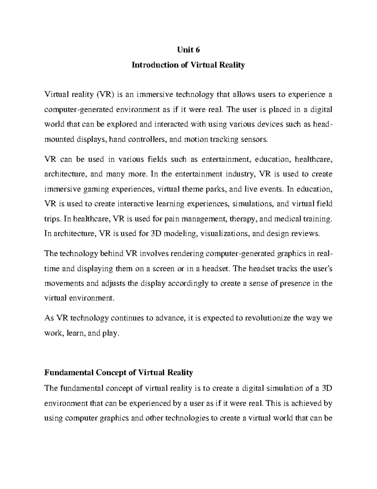 Unit 6: Comprehensive Overview of Virtual Reality (VR) - Studocu