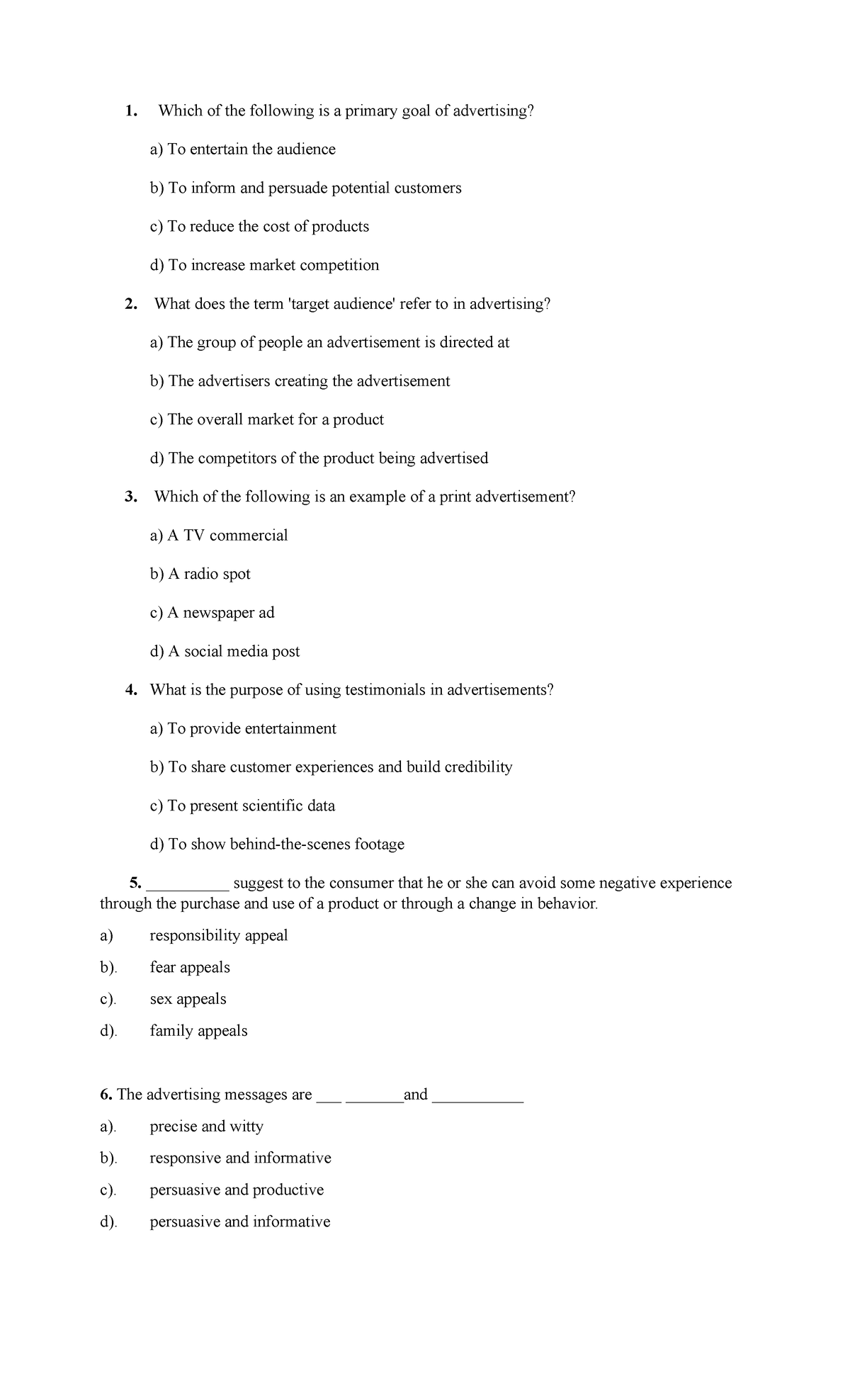 Grade 8 Advertising Concepts: Multiple Choice Questions - Studocu