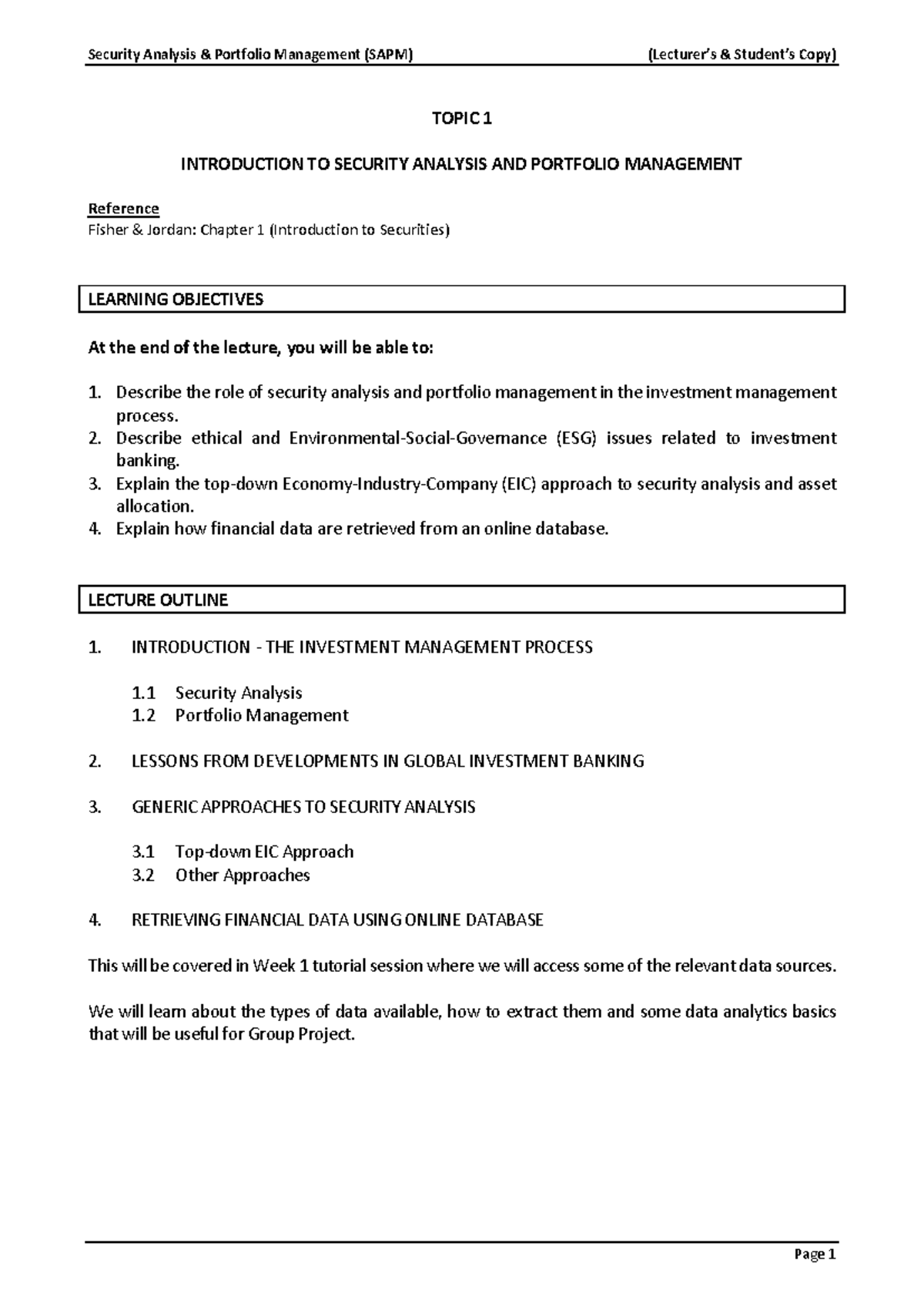 Security Analysis and Portfolio Management (SAPM) - Topic 1 Overview ...