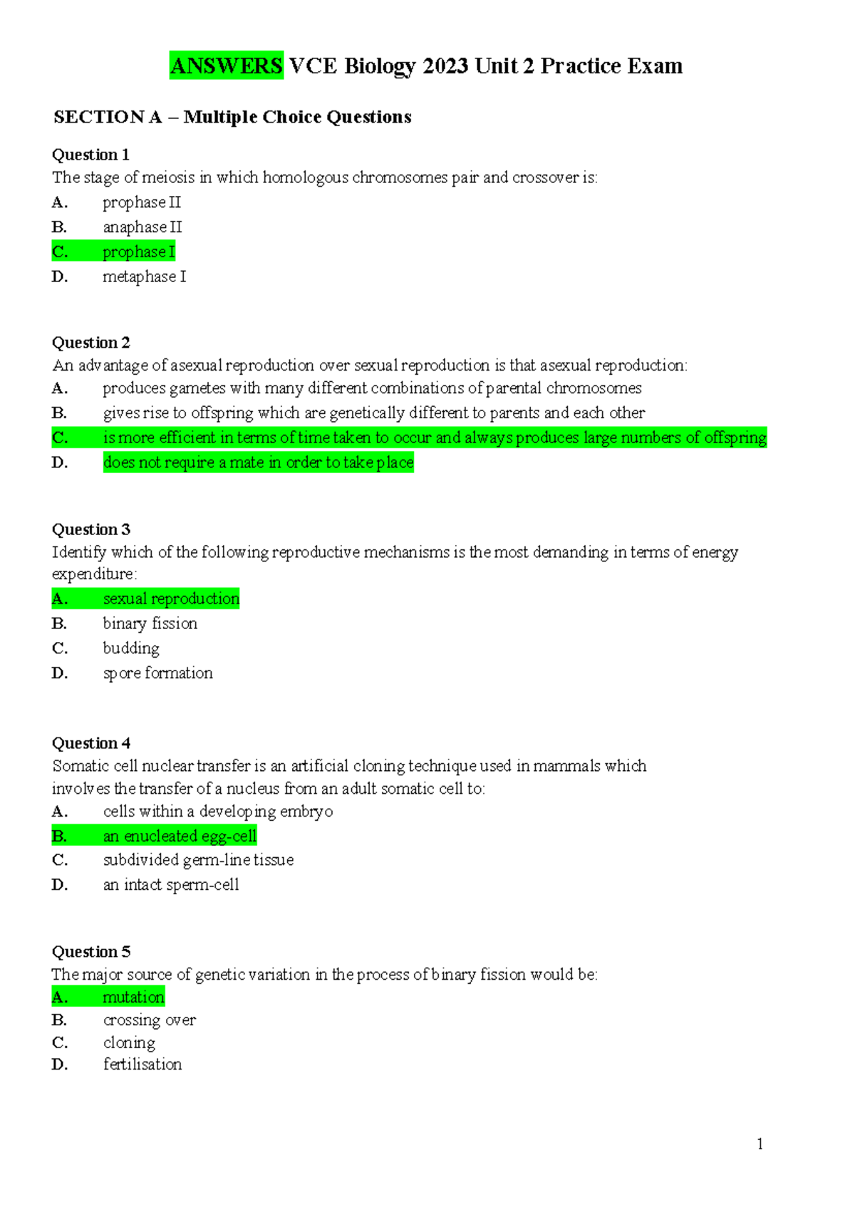VCE Biology 2023 Unit 2 Practice Exam Solutions - Studocu