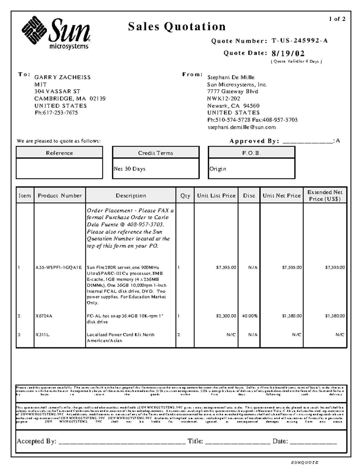 Sales Quotation T-US-245992-A from Sun Microsystems - Studocu